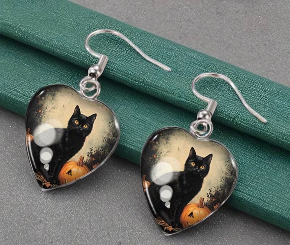 Halloween Black Cat Pumpkin Heart Dangle Earrings Silver Tone Gothic Halloween A